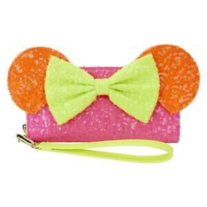 NWT Loungefly Minnie Mouse Exclusive Color Block Neon Sequin Zip Around Wallet